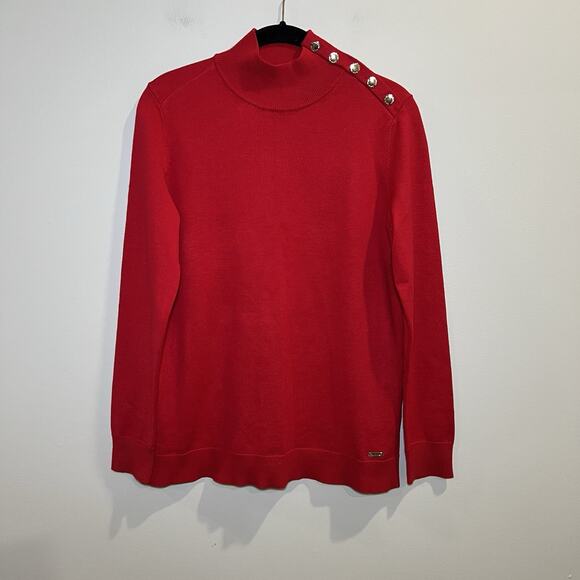 Calvin Klein red turtleneck sweater gold-tone buttons on the shoulder Size M - Picture 1 of 5
